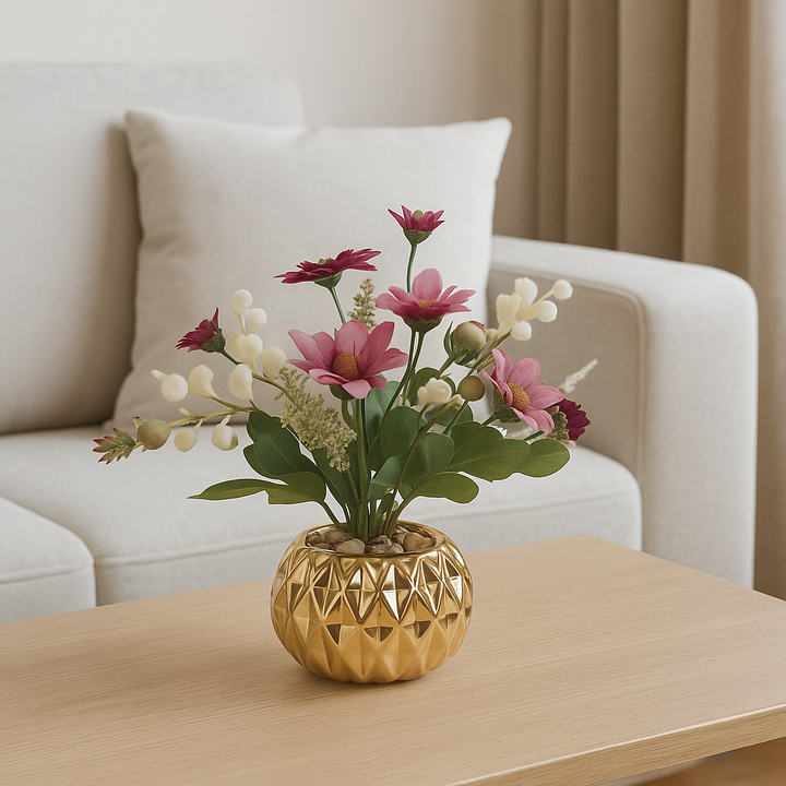Various artificial flower arrangements in a golden porcelain pot